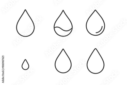 Water Droplet Icons. Line style icons of Water Droplets: floating bead, curved sphere, soft orb, tiny drift, minimal contour,