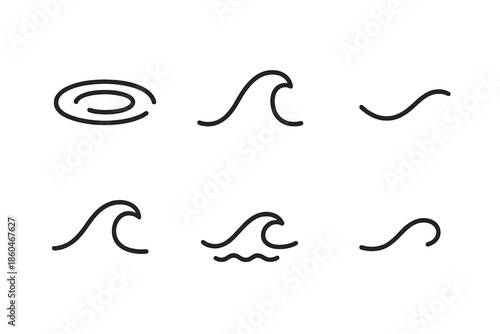 Water Shape Icons. Line style icons of Water Shapes: ripple fin hint, soft crest, gentle curve, flowing arc, wave touch, minimal