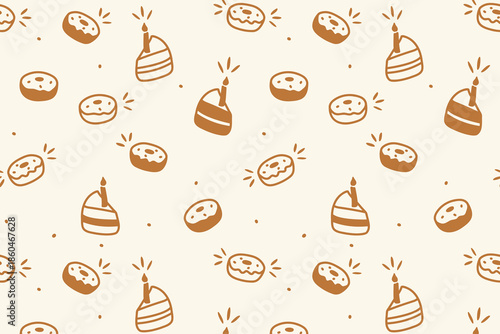 Happy Birthday. Gold doodle of donuts and cake slices with candles, pattern festivale, dessert silhouettes on soft cream background.