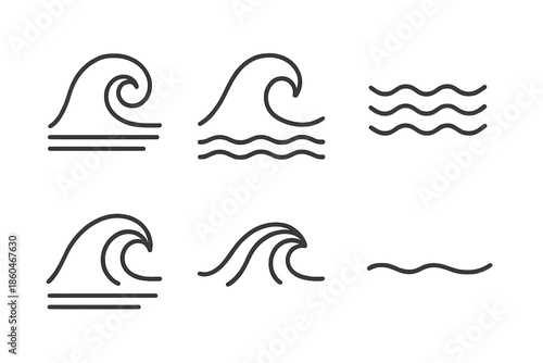 Ocean Motion Icons. Line style icons of Ocean Motion: rolling wave, gentle surge, calm ripple, flowing arc, tide sweep, minimal