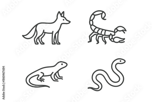 Desert Predators Icons. Line style icons of Desert Predators: arid hunter form, curved tail tip, dry-land outline, soft limb arc,
