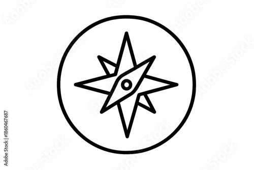 Line Style Compasses. Line style icons of Compass: round compass, needle point, compass rose, cardinal hints, simple dial,