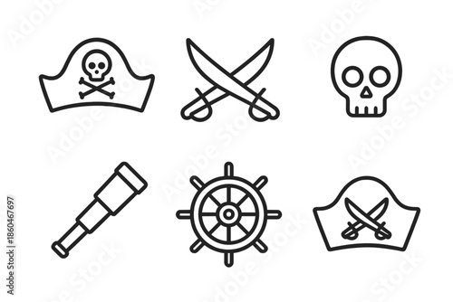 Pirate Icon Collection. Line style icons of Pirate: pirate hat shape, crossed blades, simple skull outline, spyglass form, ship