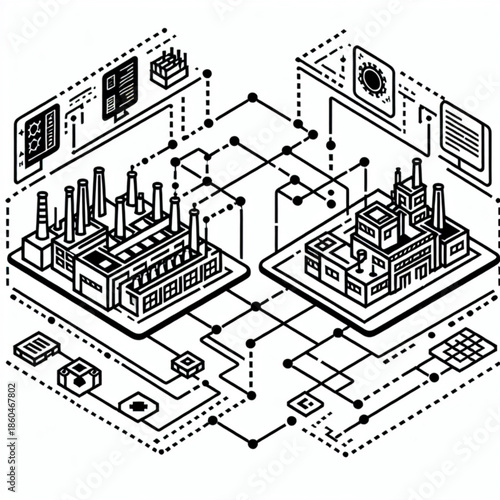 Industrial Nexus: A dynamic monochrome illustration reveals the intricate interplay of modern factories, interconnected by a digital network symbolizing industry and technological advancement.