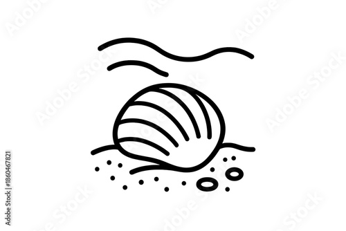 Seabed Clam Icon. Line style icons of Seabed Clam Cover: clam shape, half-buried shell, grainy floor, subtle pebbles, water arcs,