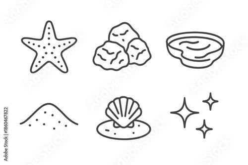 Rocky Starfish Icons. Line style icons of Rock Edge Star: starfish figure, rugged stones, calm basin, fine sand, shell trace,