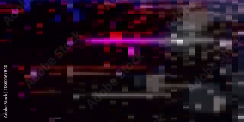 Red and blue screen frame bg. Noise vhs tv effect background. Digital static pixel error signal. Futuristic abstract rewind video hologram with scratch and chaos destruction. Old cyber broken tape