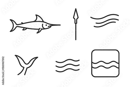 Sleek Oceanic Iconography. Line style icons of Spearfish Current Glide: elongated fish, spear bill, current streak, tail arc, soft