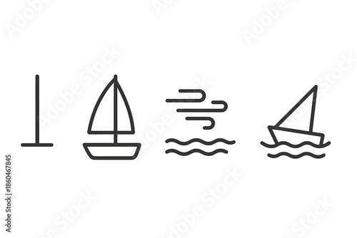 Sailing Line Icons. Line style icons of Mast Sail Breeze: upright mast, open sail, wind streaks, sea motion, bow outline, ripple