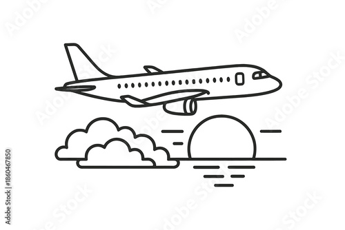 Sunset Flight Icons. Line style icons of Sunset Flight Scene: aircraft form, cloud layer, sun curve, wing sweep, calm horizon, air