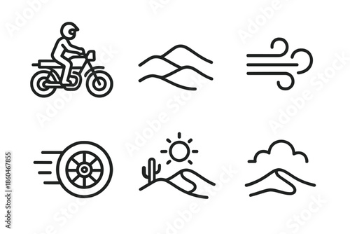 Arid Moto Journey. Line style icons of Arid Moto Journey: motorcycle figure, dry dunes, wind-cut lines, wheel motion, desert sweep