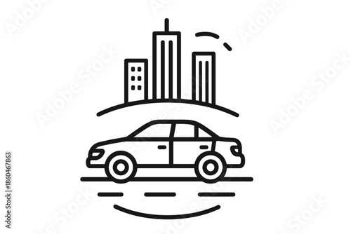 Car City Journey. Line style icons of Car City Journey: car silhouette, tall buildings, road line, wheel arcs, skyline band, light