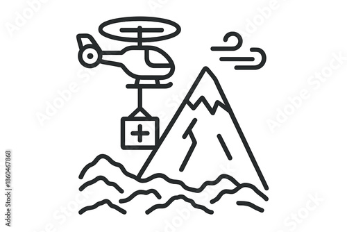 Highpeak Rescue Icons. Line style icons of Highpeak Aid Drop: rescue craft, tall mountain, suspended line, rotor circle, rugged