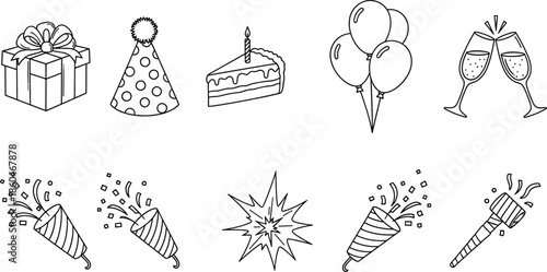 Collection of party line icons including birthday cake balloons gift box confetti and champagne glasses for festive celebration and event design