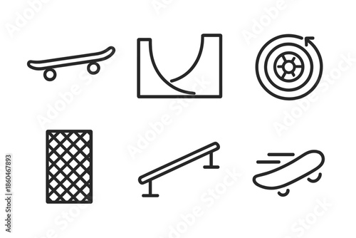 Skate Park Icons. Line style icons of Park Wheel Glide: skate form, curved ramp, rotating wheel, grip texture, rail shape, smooth