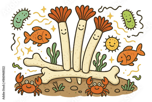 Cartoon Sea Habitat. Playful doodle bone-based chemosynthetic habitat with smiling tubeworms, cartoon bacteria with faces,