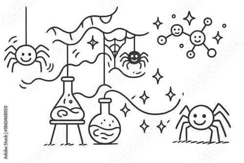 Whimsical Spider Lab. Whimsical doodle spider silk lab with smiling spiders, cartoon silk threads bouncing, cheerful molecular