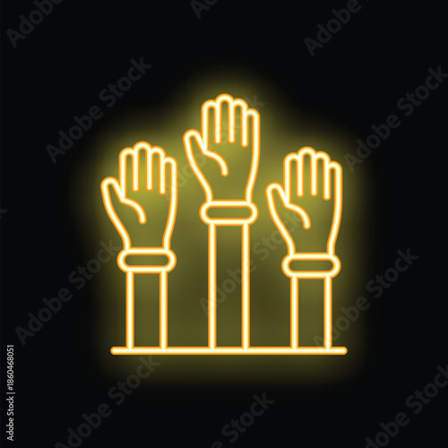 Neon icon representing three hands voting, a symbol of democracy and citizen participation in elections
