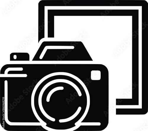 A simple black and white illustration depicting a camera and a rectangular frame