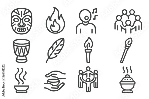 Festival Ceremony Icons. Line style icons of Festival Ceremony: Ritual Mask, Fire, Chant, Community Circle; Drum, Feather, Torch,