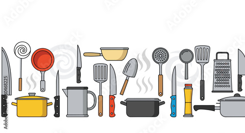 Long horizontal border featuring a variety of colorful kitchen tools, cookware, and utensils in a modern flat design style.