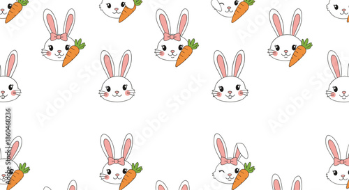 Adorable white rabbit seamless pattern featuring cute bunnies with carrots and pink bows on a clean white background for nursery decor.