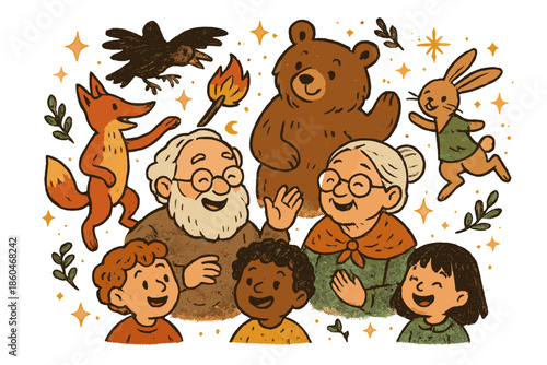 Folklore Storytime Delight. Magical doodle folklore storytelling with smiling elders, cartoon animals acting out myths, cheerful