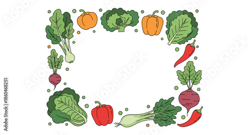 Colorful frame of garden vegetables including pumpkin peppers cabbage beets and radishes arranged around a central blank white space.