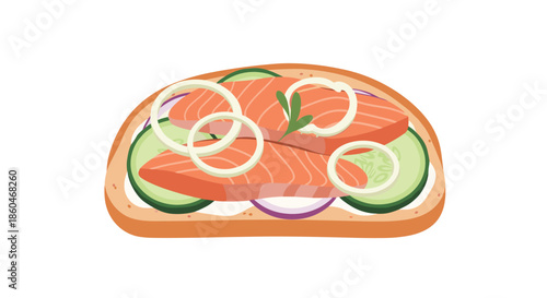 Delicious open faced salmon sandwich with fresh cucumber rounds and onion rings on a piece of bread for a healthy breakfast meal.