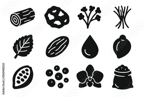 Exotic Ingredient Icons. Solid style icons of Exotic ingredients: oud wood, ambergris chunk, myrrh resin, saffron threads,