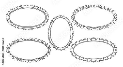 Set of five decorative oval frames with delicate scalloped edges and black outlines for vintage style labels and elegant invitations.