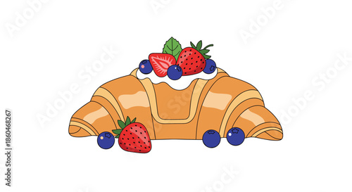 Flaky golden croissant topped with smooth whipped cream fresh strawberries and blueberries for a delicious breakfast treat.