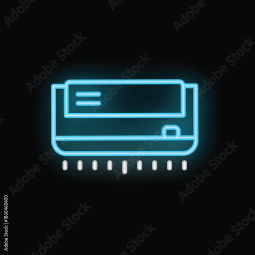 Neon air conditioner blowing cool air, a bright icon on a black background