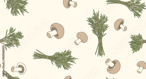 Seamless wallpaper pattern displaying hand drawn botanical illustrations of various mushrooms and green herb bunches on light background.