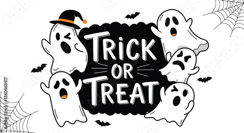 Fun Halloween themed graphic featuring trick or treat typography surrounded by cute ghosts and spider webs on a white background.