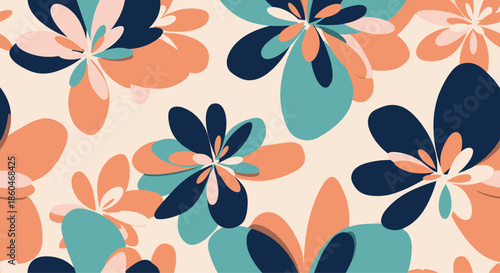 Bold and colorful seamless floral pattern with abstract flower shapes in shades of teal orange and navy blue for modern textile design.