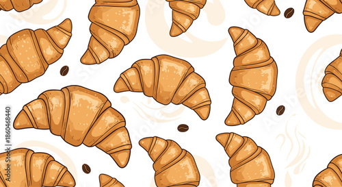 Delicious seamless pattern showcasing golden brown flaky croissants and roasted coffee beans scattered on a clean white background.