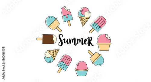 Circular arrangement of various ice cream treats and popsicles surrounding the word summer in a stylish hand drawn vector illustration.