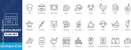 Restaurant line icon set featuring food, menu, delivery, wine, hamburger, beer, fast, chef, dining, and table service symbols for cafes, eateries, food apps, websites, and branding.