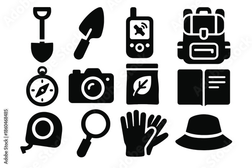 Field Research Tools Icons. Solid style icons of field research tools: shovel, trowel, GPS device, backpack, compass, camera,