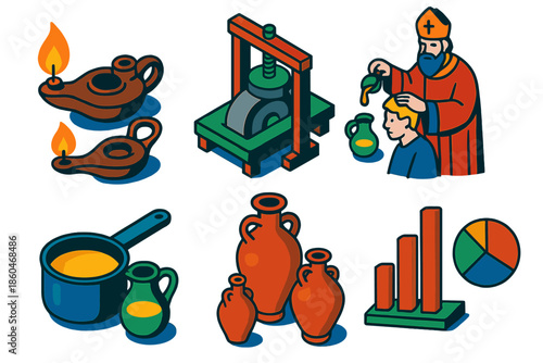 Oil History Icons. Isometric vector illustration set Oleology: lamp oils burning, olive press, ceremonial anointing, cooking