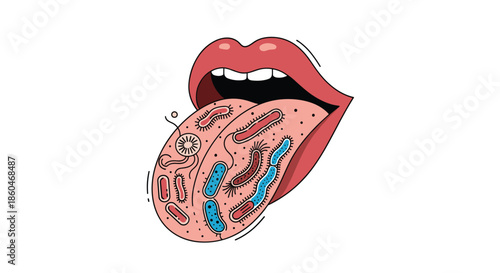 Educational medical illustration of a human tongue showing various types of bacteria and germs in a vibrant cartoon style for health.