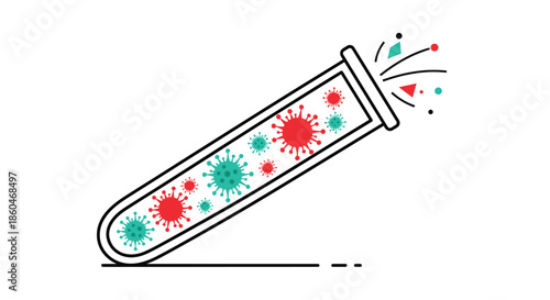 Conceptual scientific illustration showing a test tube filled with various virus molecules and colorful geometric elements for research.