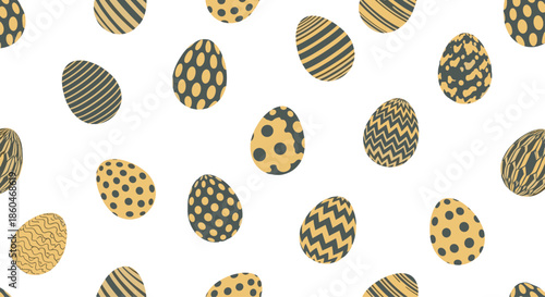Festive seamless pattern background featuring various decorated Easter eggs with dots, stripes, and patterns in gold and dark gray color tones.