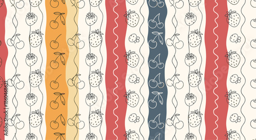 Vertical stripe pattern with various colored bands and hand-drawn sketches of strawberries and cherries for a playful fruit-themed fabric design.