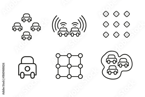 Swarm Robotics Icons. Line style icons of Swarm Robotics Concepts: group of mini robots, swarm communication waves, formation