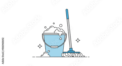 Cleaning bucket filled with thick white soap bubbles next to a tall mop on a clean white background for domestic chores and house cleaning icons.