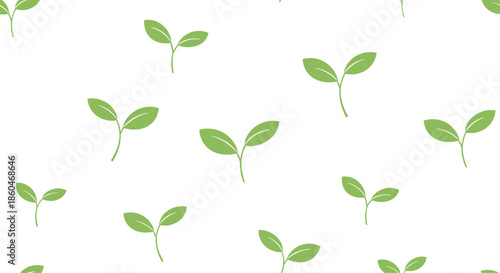 Simple and clean seamless pattern of small green plant sprouts with two leaves scattered on a white background symbolizing growth and nature.