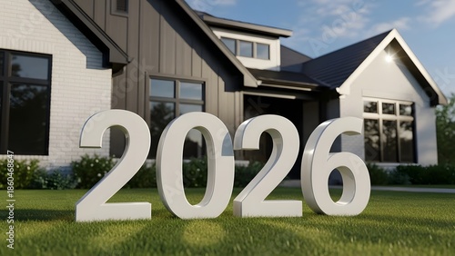New House Design, Displaying The Year 2026. A Modern, Architectural House Structure Displaying the year 2026, set on a beautiful green lawn, perfect for real estate, home design, and future planning.