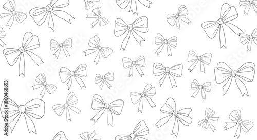 Seamless pattern background of delicate hand-drawn bows in a simple line art style scattered across a plain white surface for gift wrap themes.